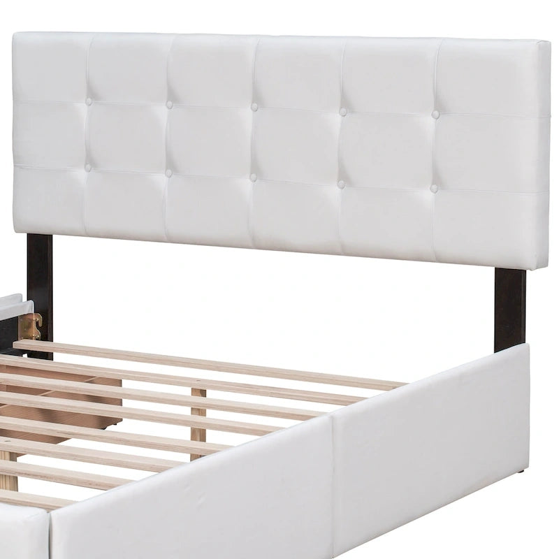 Lit plateforme rembourré avec tête de lit classique et 4 tiroirs, aucun sommier tapissier requis, tissu en lin