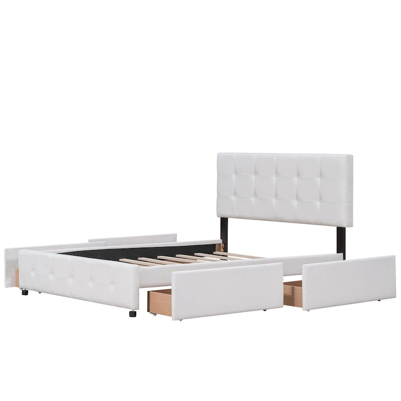 Lit plateforme rembourré avec tête de lit classique et 4 tiroirs, aucun sommier tapissier requis, tissu en lin