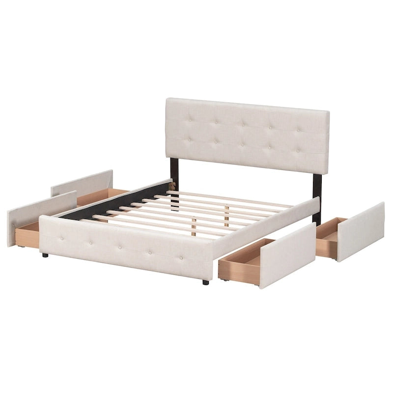 Lit plateforme rembourré avec tête de lit classique et 4 tiroirs, aucun sommier tapissier requis, tissu en lin