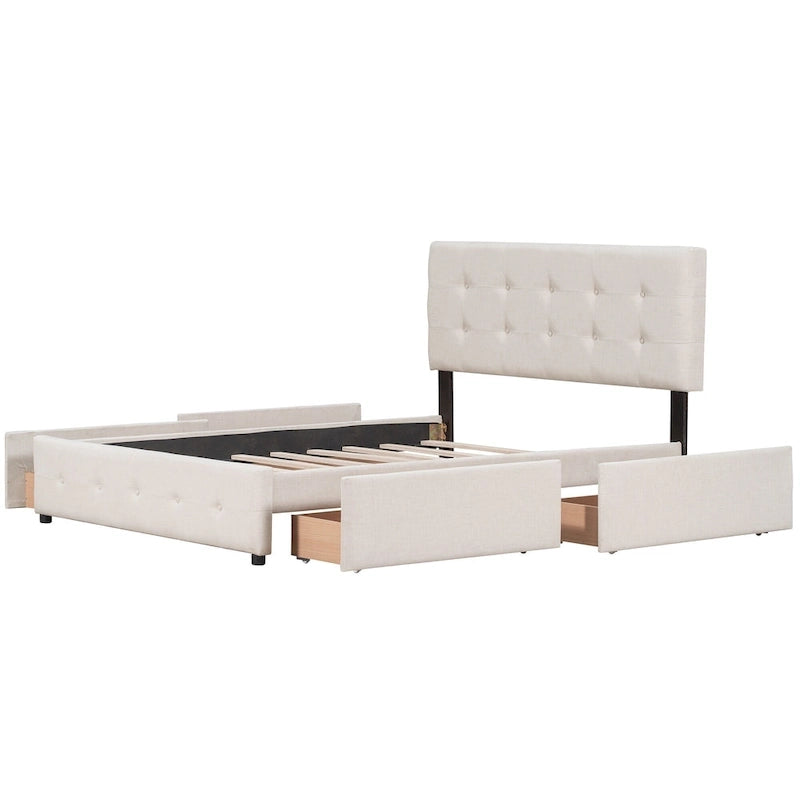 Lit plateforme rembourré avec tête de lit classique et 4 tiroirs, aucun sommier tapissier requis, tissu en lin