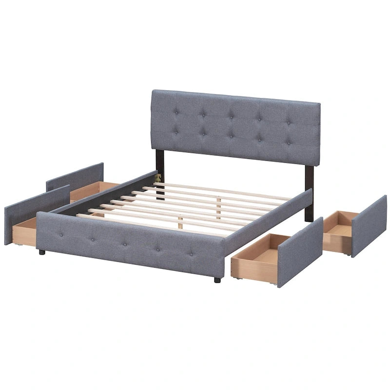Lit plateforme rembourré avec tête de lit classique et 4 tiroirs, aucun sommier tapissier requis, tissu en lin