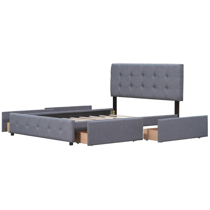 Lit plateforme rembourré avec tête de lit classique et 4 tiroirs, aucun sommier tapissier requis, tissu en lin