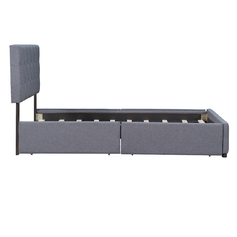Lit plateforme rembourré avec tête de lit classique et 4 tiroirs, aucun sommier tapissier requis, tissu en lin