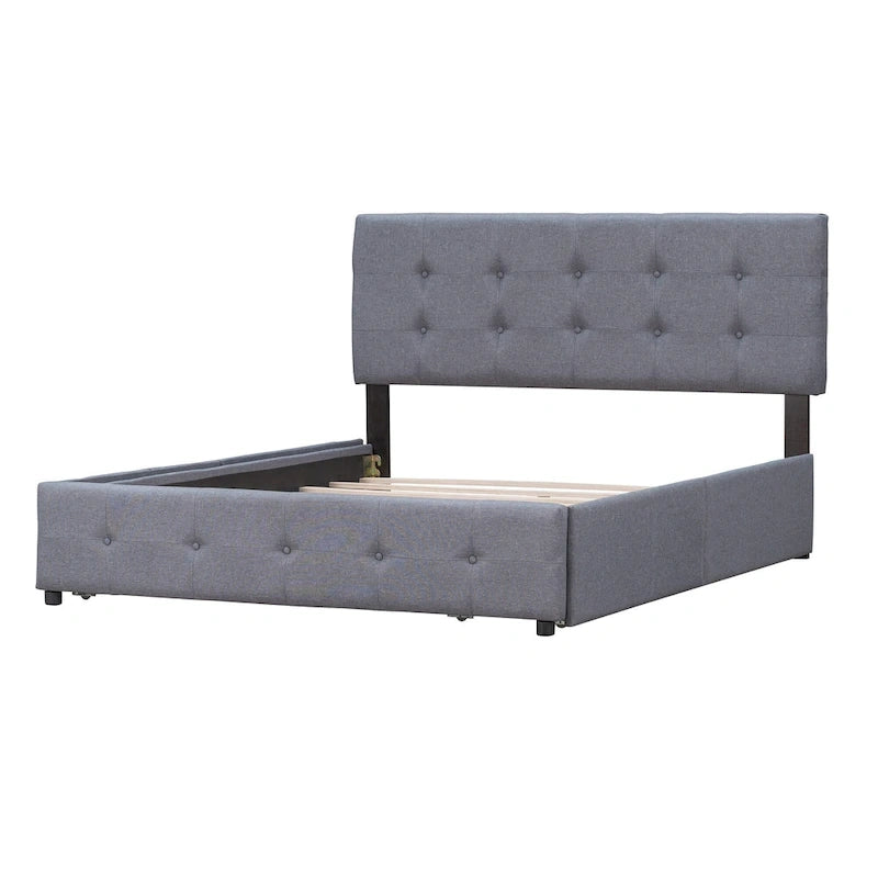 Lit plateforme rembourré avec tête de lit classique et 4 tiroirs, aucun sommier tapissier requis, tissu en lin