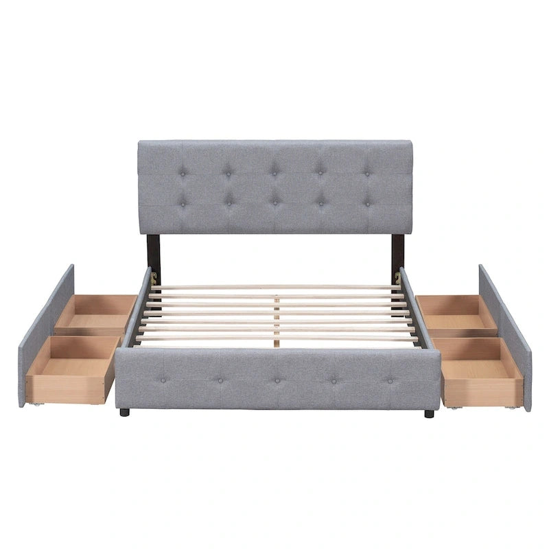 Lit plateforme rembourré avec tête de lit classique et 4 tiroirs, aucun sommier tapissier requis, tissu en lin