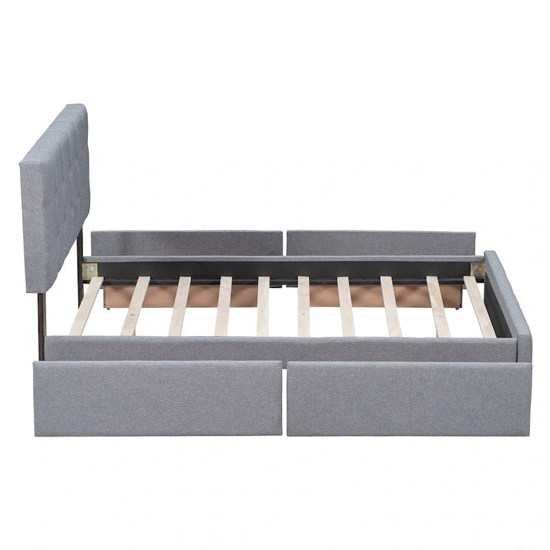 Lit plateforme rembourré avec tête de lit classique et 4 tiroirs, aucun sommier tapissier requis, tissu en lin