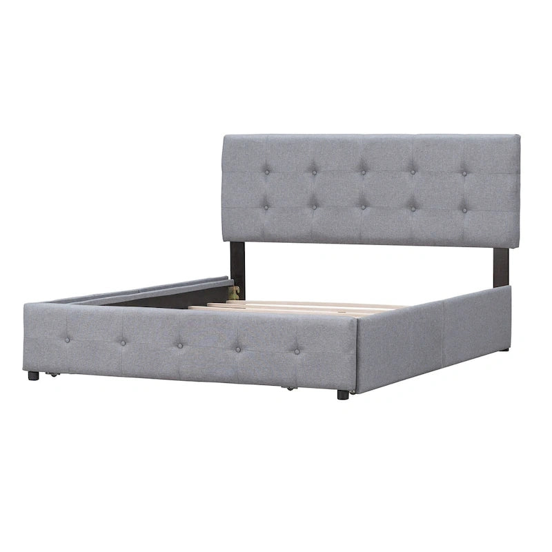 Lit plateforme rembourré avec tête de lit classique et 4 tiroirs, aucun sommier tapissier requis, tissu en lin