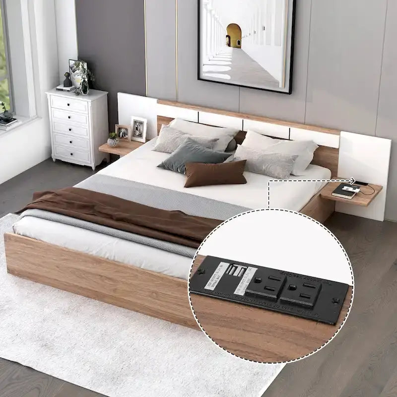 Lit plateforme Queen Size avec tête de lit, tiroirs, étagères, ports USB et prises, Naturel