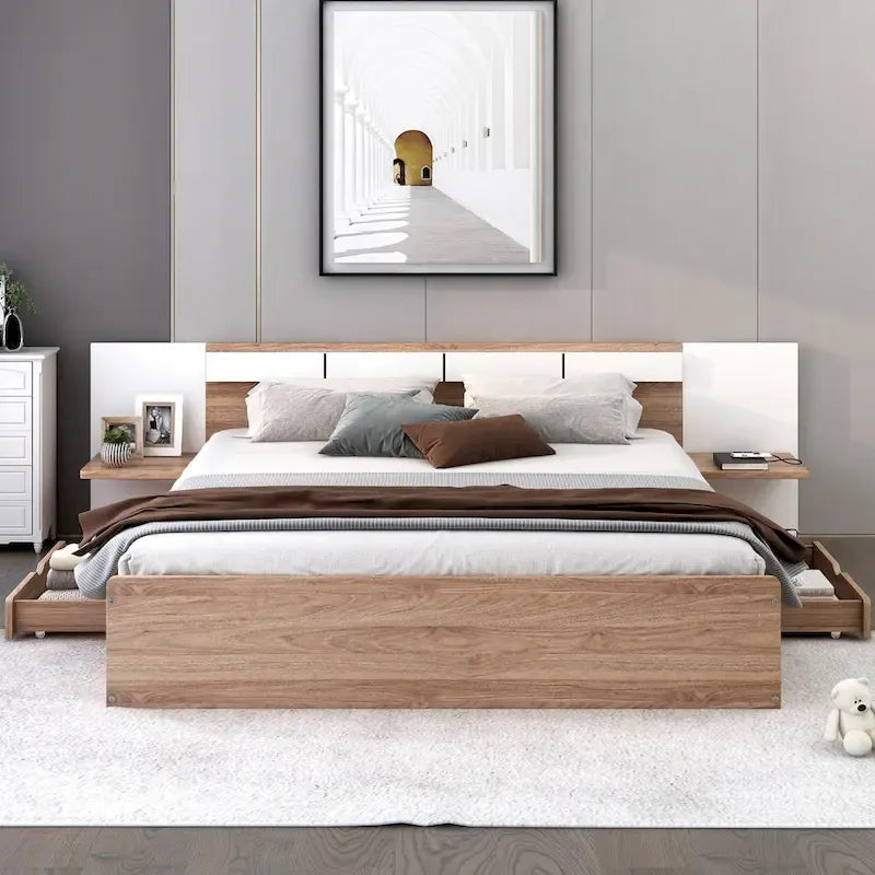 Lit plateforme Queen Size avec tête de lit, tiroirs, étagères, ports USB et prises, Naturel