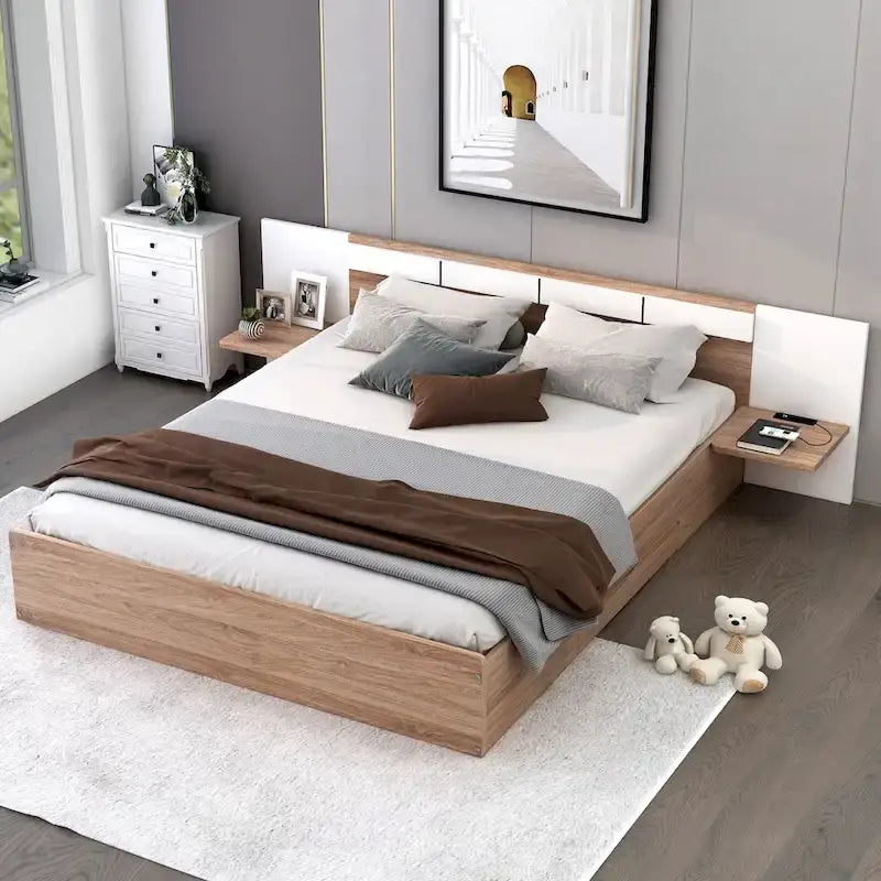 Lit plateforme Queen Size avec tête de lit, tiroirs, étagères, ports USB et prises, Naturel