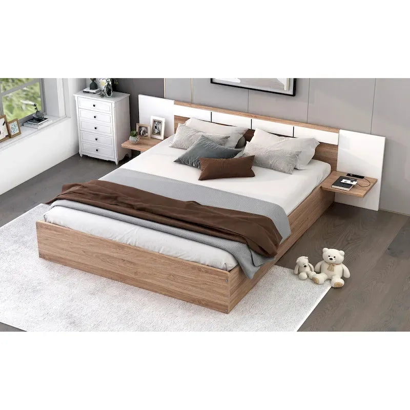 Lit plateforme Queen Size avec tête de lit, tiroirs, étagères, ports USB et prises, Naturel