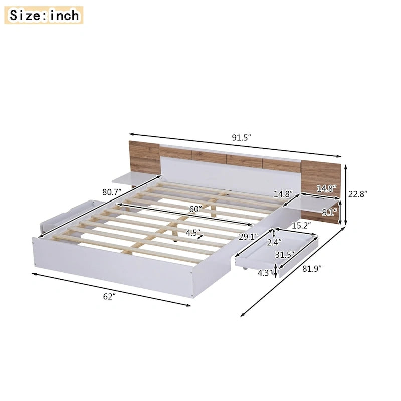 Lit plateforme Queen Size avec tête de lit, tiroirs, étagères, ports USB et prises, Naturel