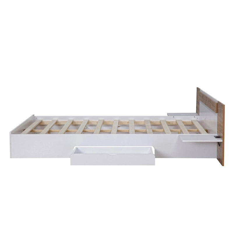 Lit plateforme Queen Size avec tête de lit, tiroirs, étagères, ports USB et prises, Naturel