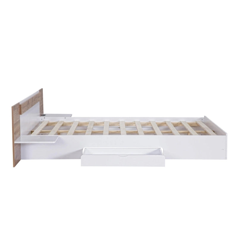 Lit plateforme Queen Size avec tête de lit, tiroirs, étagères, ports USB et prises, Naturel