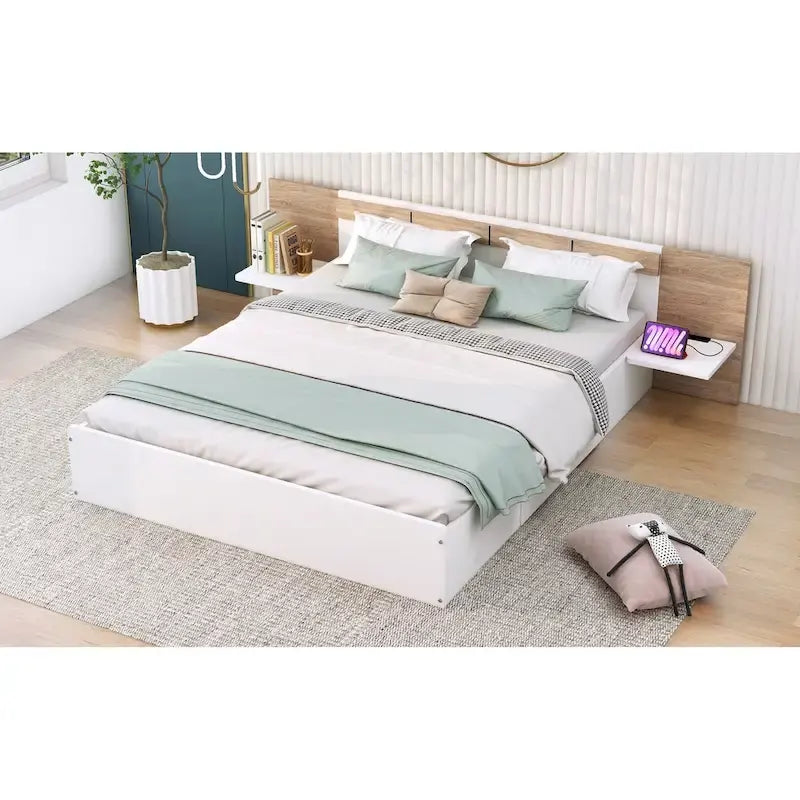 Lit plateforme Queen Size avec tête de lit, tiroirs, étagères, ports USB et prises, Naturel