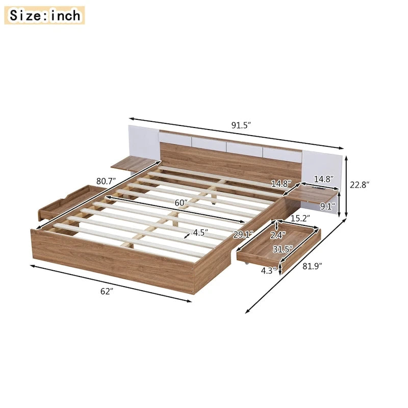 Lit plateforme Queen Size avec tête de lit, tiroirs, étagères, ports USB et prises, Naturel
