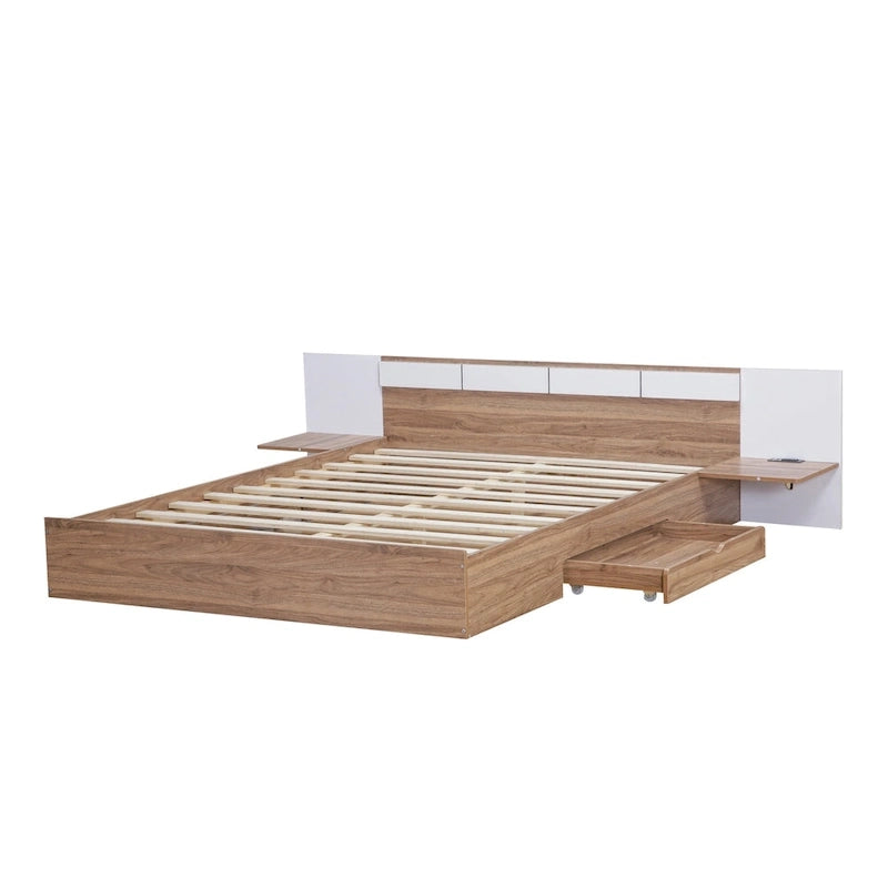 Lit plateforme Queen Size avec tête de lit, tiroirs, étagères, ports USB et prises, Naturel