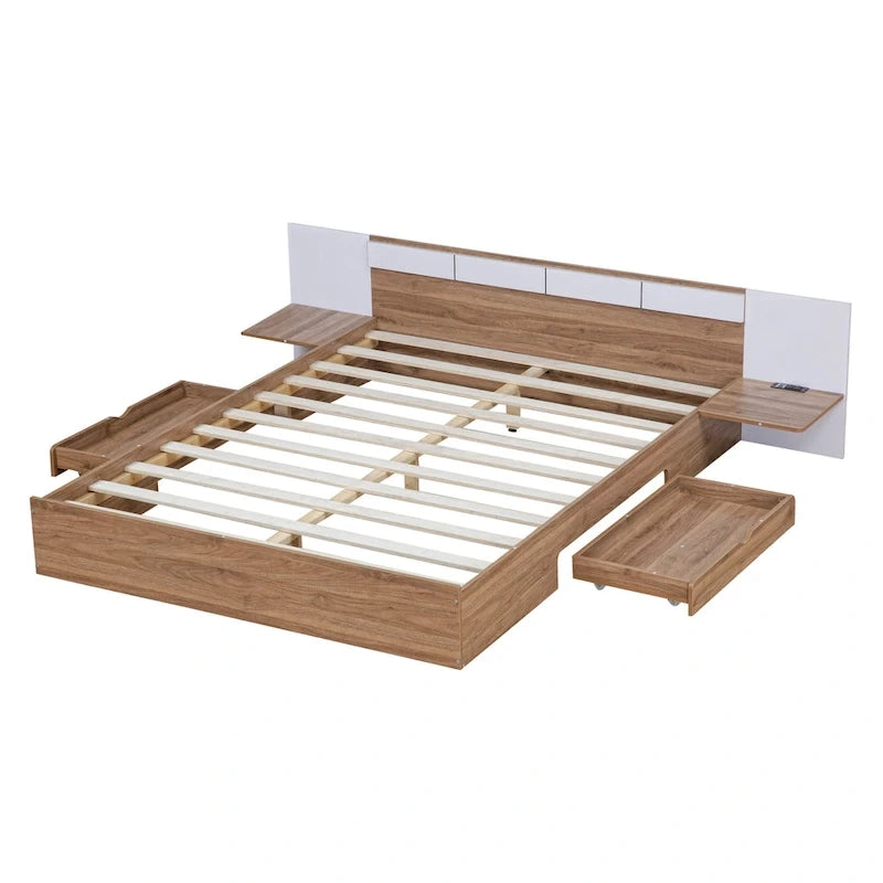 Lit plateforme Queen Size avec tête de lit, tiroirs, étagères, ports USB et prises, Naturel