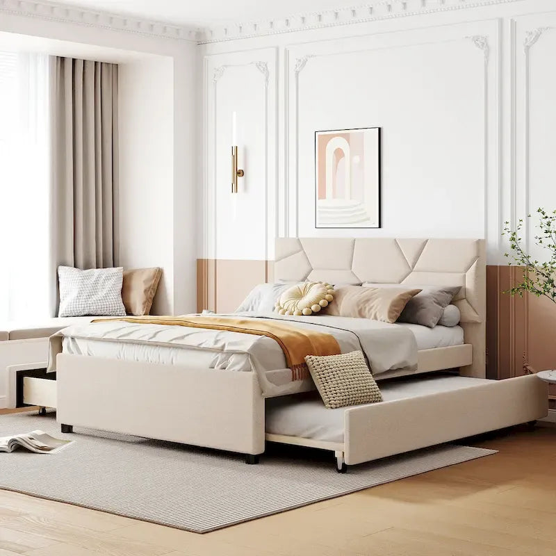 Full Size Upholstered Platform Bed with Brick Pattern Headboard, with Twin Size Trundle and 2 Drawers, Linen, Beige