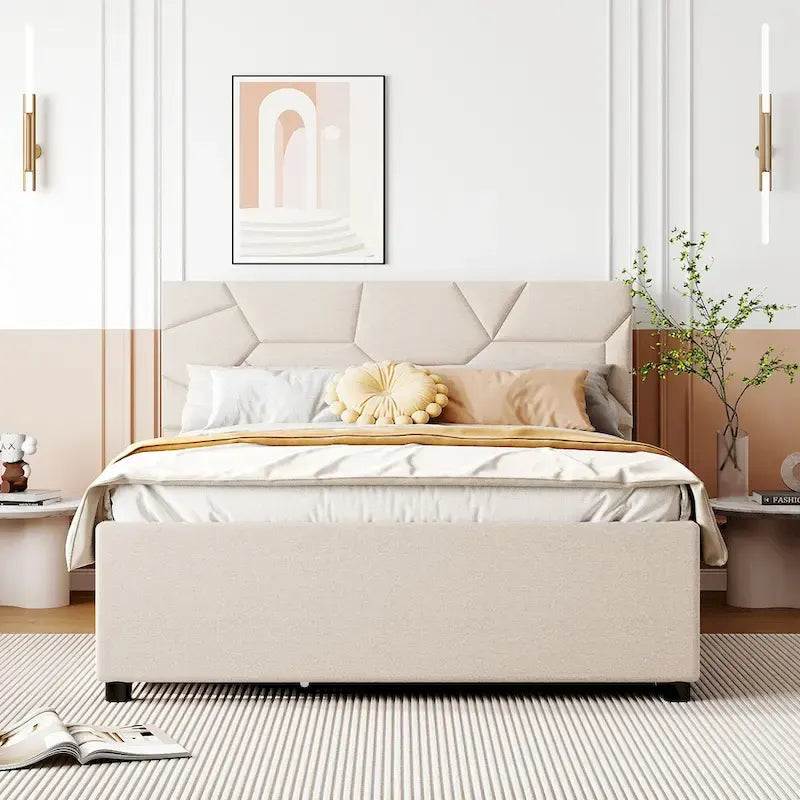 Lit plateforme rembourré double avec tête de lit motif brique, avec lit gigogne simple et 2 tiroirs, lin, beige
