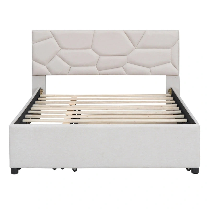 Lit plateforme rembourré double avec tête de lit motif brique, avec lit gigogne simple et 2 tiroirs, lin, beige