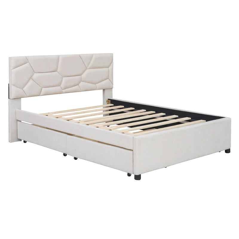 Lit plateforme rembourré double avec tête de lit motif brique, avec lit gigogne simple et 2 tiroirs, lin, beige