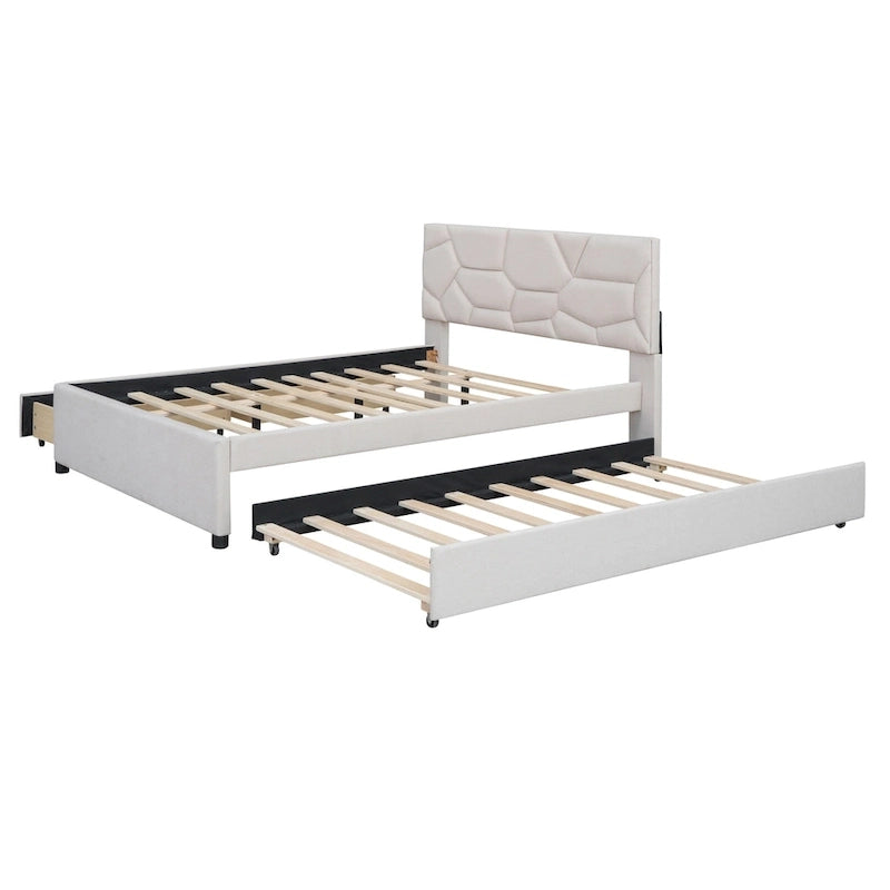 Lit plateforme rembourré double avec tête de lit motif brique, avec lit gigogne simple et 2 tiroirs, lin, beige