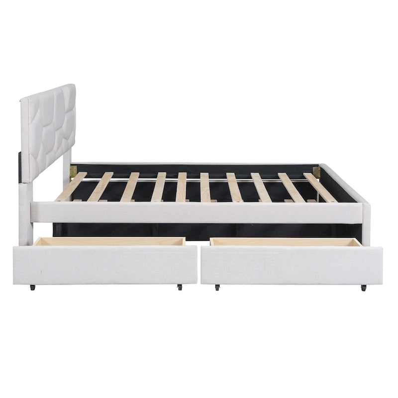 Lit plateforme rembourré double avec tête de lit motif brique, avec lit gigogne simple et 2 tiroirs, lin, beige