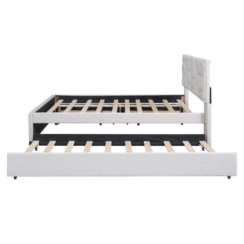 Lit plateforme rembourré double avec tête de lit motif brique, avec lit gigogne simple et 2 tiroirs, lin, beige