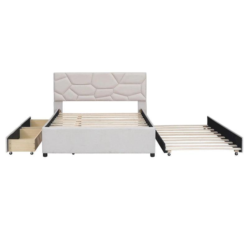 Lit plateforme rembourré double avec tête de lit motif brique, avec lit gigogne simple et 2 tiroirs, lin, beige