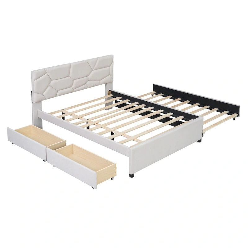 Lit plateforme rembourré double avec tête de lit motif brique, avec lit gigogne simple et 2 tiroirs, lin, beige