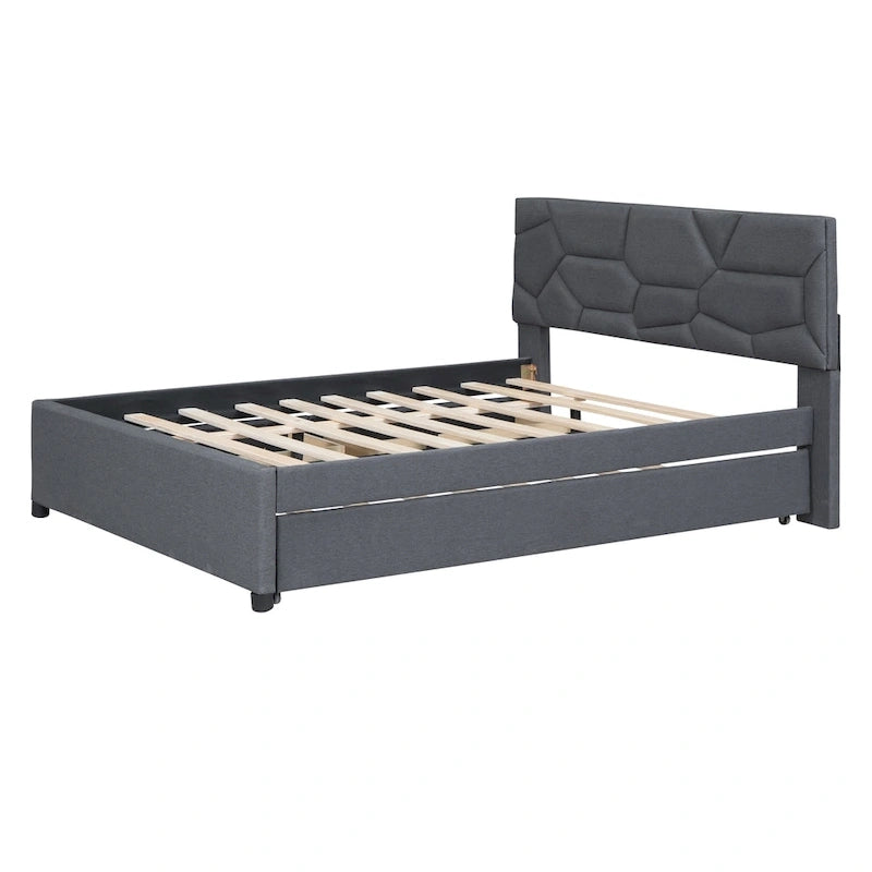 Lit plateforme rembourré double avec tête de lit motif brique, avec lit gigogne simple et 2 tiroirs, lin, beige