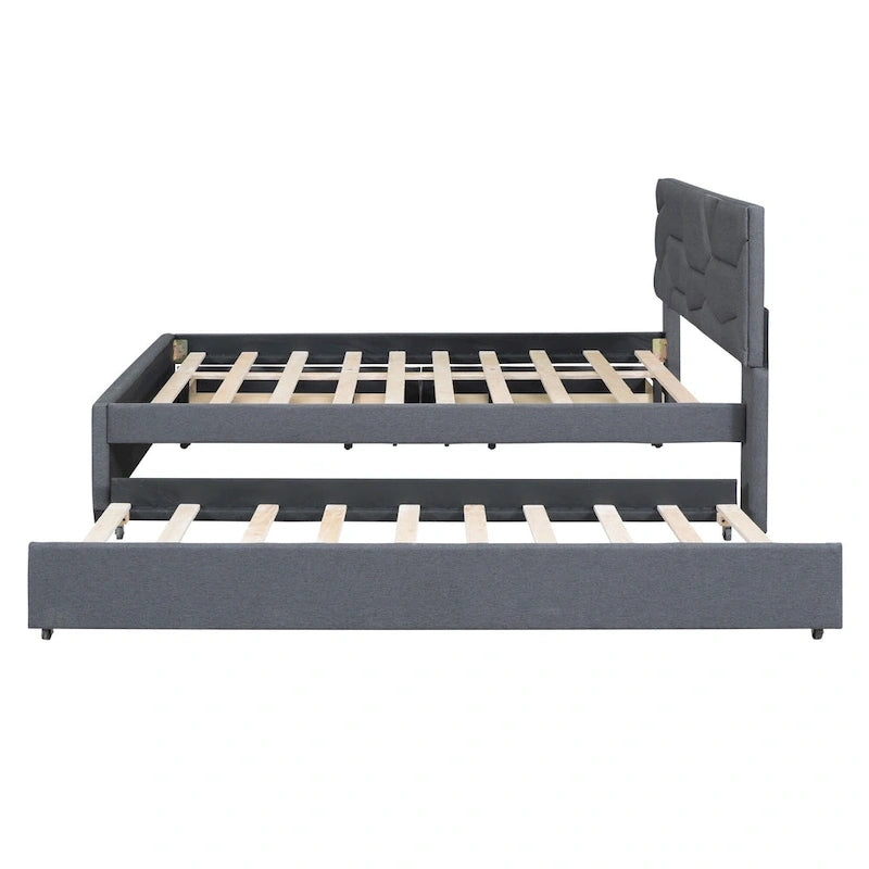 Lit plateforme rembourré double avec tête de lit motif brique, avec lit gigogne simple et 2 tiroirs, lin, beige