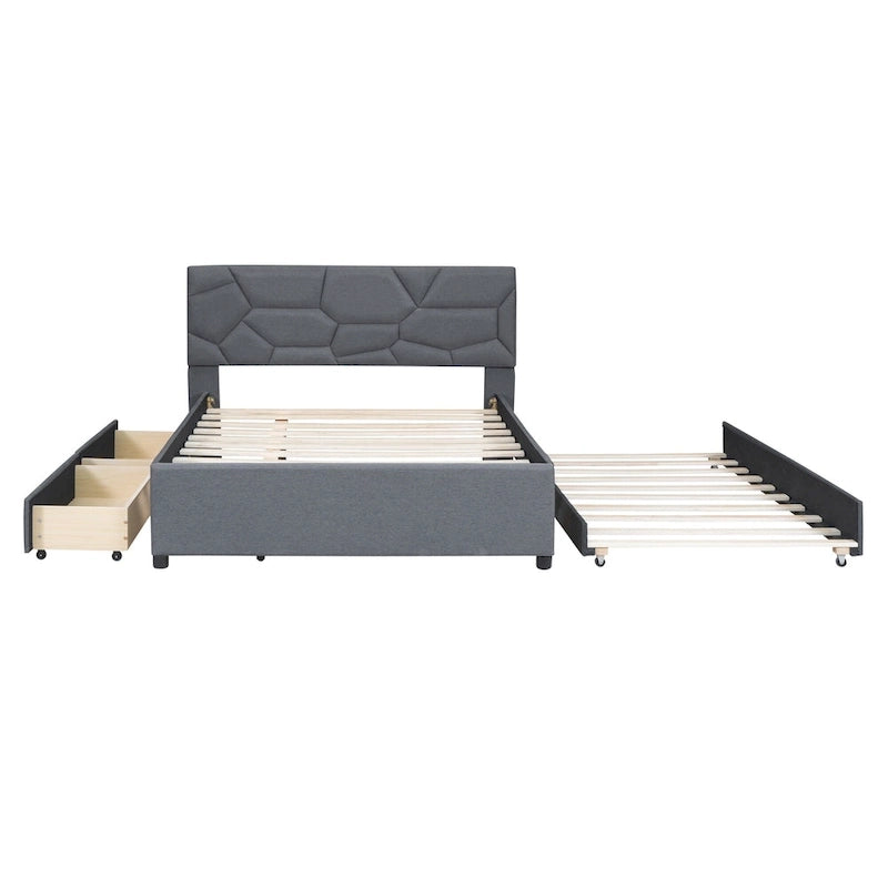 Lit plateforme rembourré double avec tête de lit motif brique, avec lit gigogne simple et 2 tiroirs, lin, beige