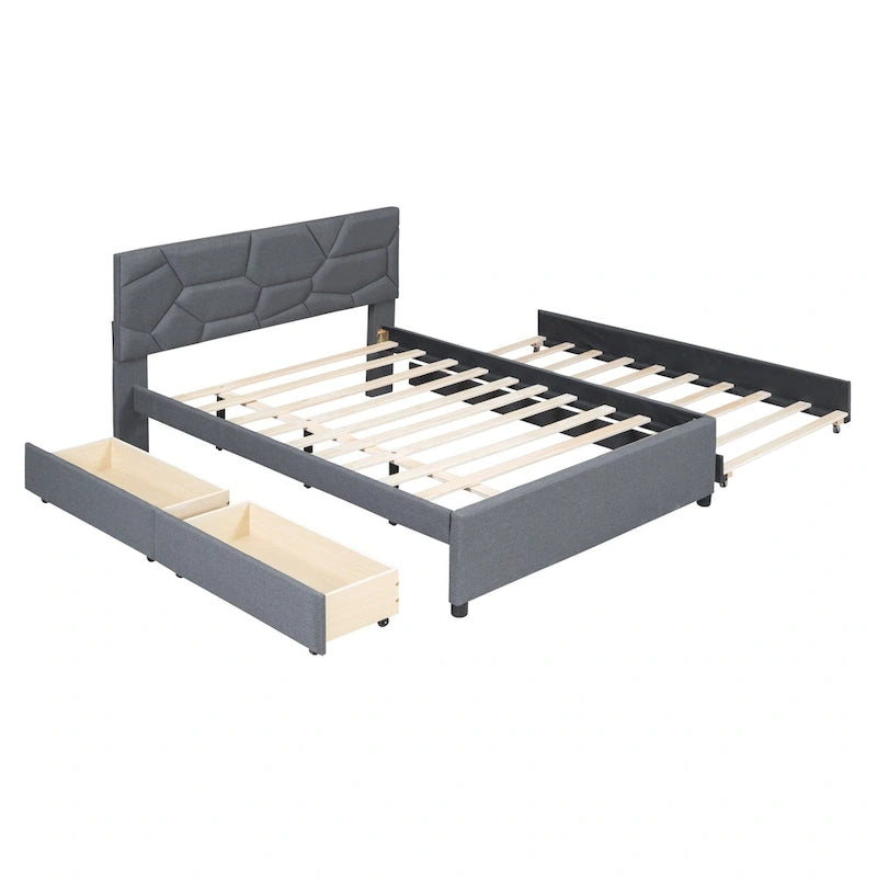 Lit plateforme rembourré double avec tête de lit motif brique, avec lit gigogne simple et 2 tiroirs, lin, beige