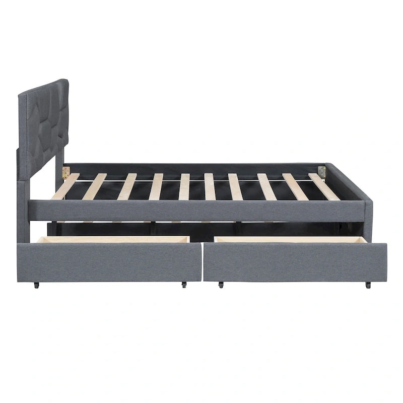 Lit plateforme rembourré double avec tête de lit motif brique, avec lit gigogne simple et 2 tiroirs, lin, beige