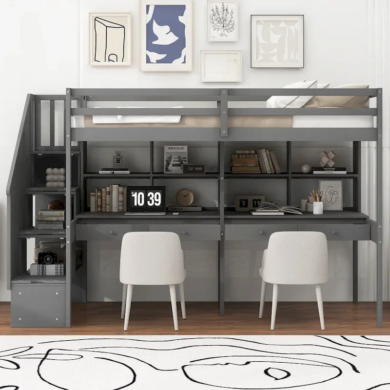 Cadre de lit mezzanine simple avec escalier de rangement, deux bureaux et étagères, gris