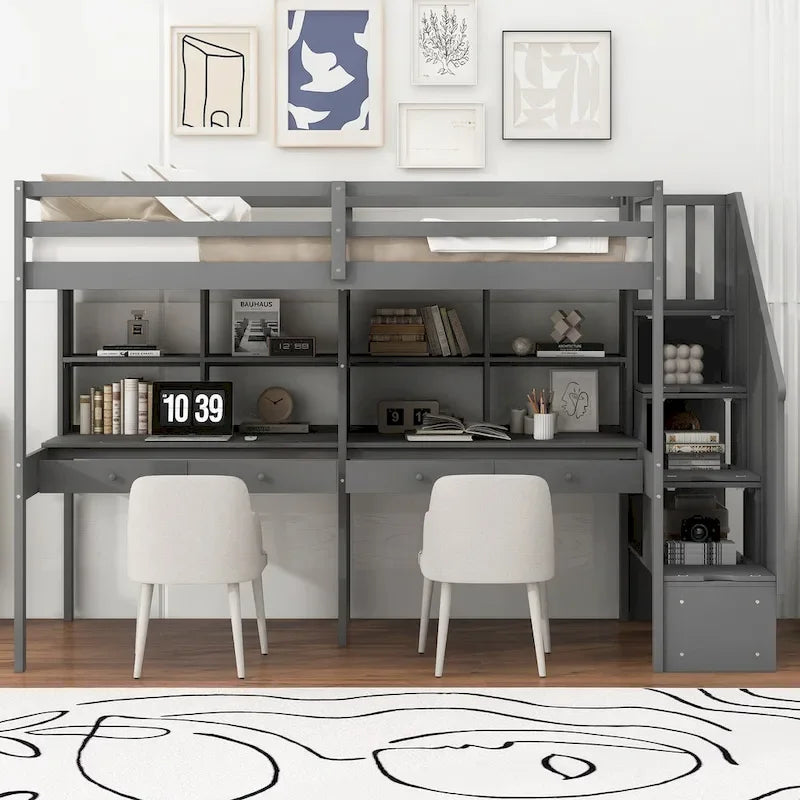 Cadre de lit mezzanine simple avec escalier de rangement, deux bureaux et étagères, gris