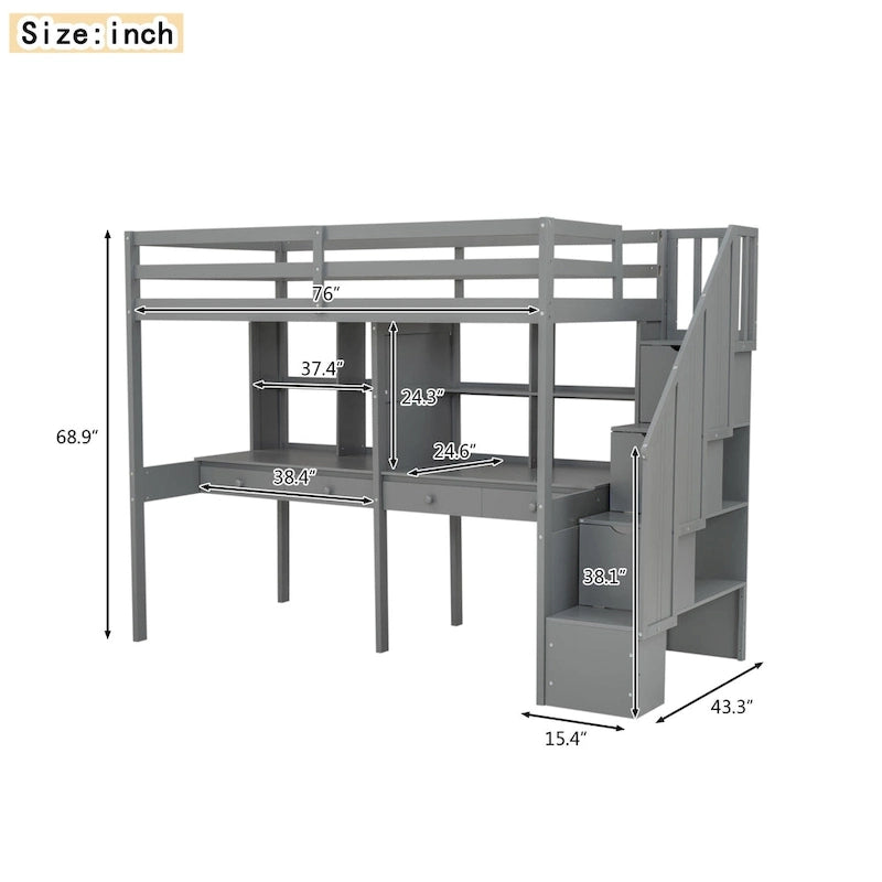 Cadre de lit mezzanine simple avec escalier de rangement, deux bureaux et étagères, gris