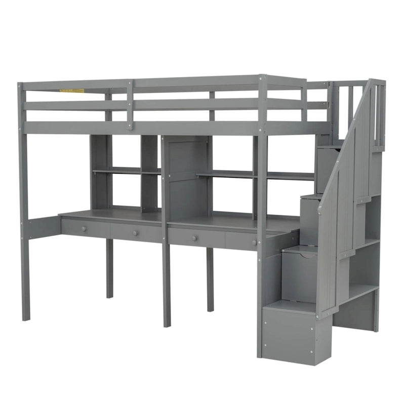 Cadre de lit mezzanine simple avec escalier de rangement, deux bureaux et étagères, gris