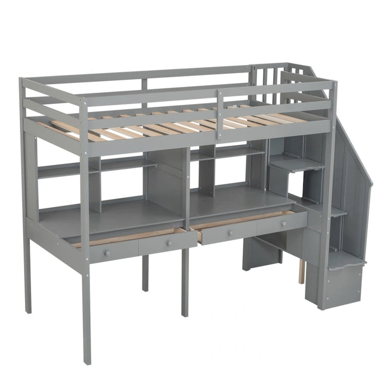 Cadre de lit mezzanine simple avec escalier de rangement, deux bureaux et étagères, gris