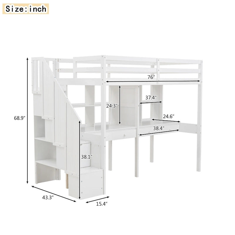 Cadre de lit mezzanine simple avec escalier de rangement, deux bureaux et étagères, gris
