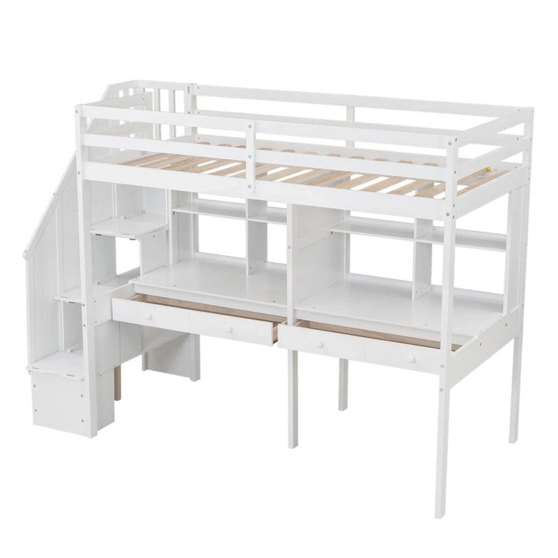Cadre de lit mezzanine simple avec escalier de rangement, deux bureaux et étagères, gris