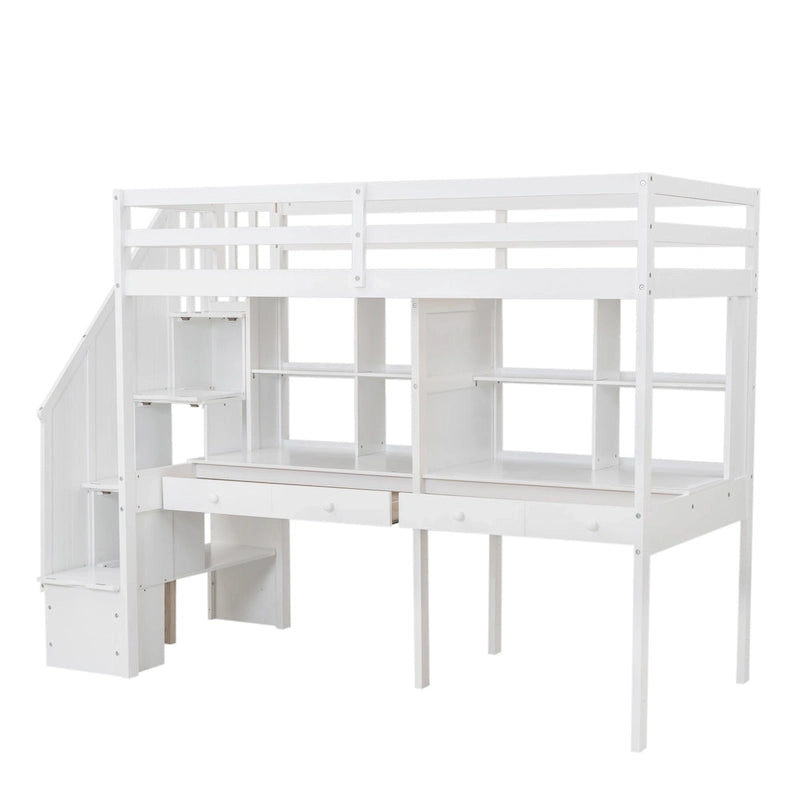 Cadre de lit mezzanine simple avec escalier de rangement, deux bureaux et étagères, gris