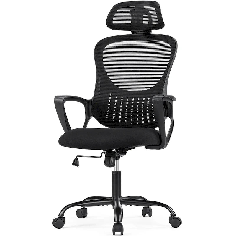 Chaise de bureau ergonomique, chaise d'ordinateur confortable en maille à dossier haut avec accoudoirs fixes et appuie-tête réglable, chaise pivotante à roulettes