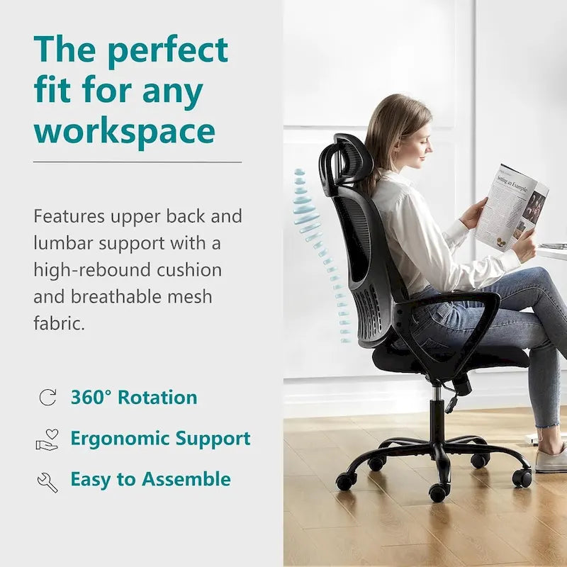 Chaise de bureau ergonomique, chaise d'ordinateur confortable en maille à dossier haut avec accoudoirs fixes et appuie-tête réglable, chaise pivotante à roulettes