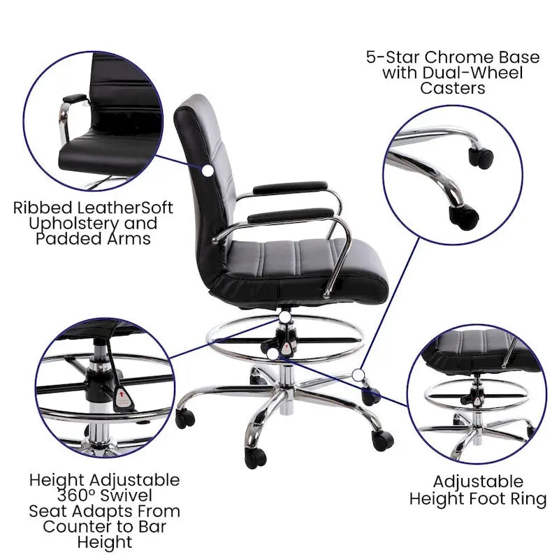 Chaise de dessin en LeatherSoft à dossier moyen avec anneau repose-pieds réglable et base chromée