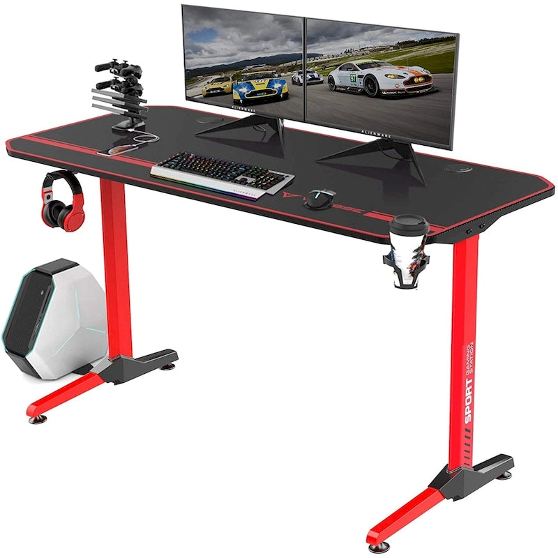 Bureau de jeu ergonomique BOSSIN en forme de T avec tapis de souris pleine surface, support de manette, porte-gobelet et crochet pour casque