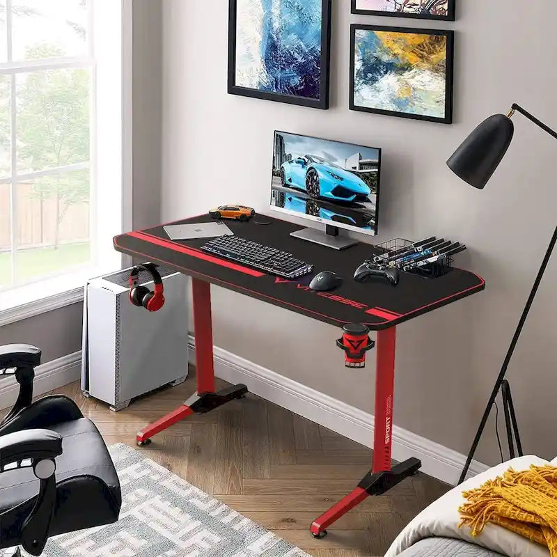 Bureau de jeu ergonomique BOSSIN en forme de T avec tapis de souris pleine surface, support de manette, porte-gobelet et crochet pour casque