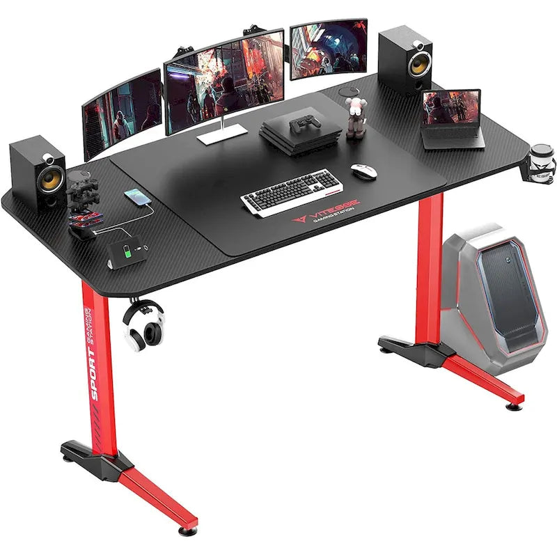 Bureau de jeu ergonomique BOSSIN en forme de T avec tapis de souris pleine surface, support de manette, porte-gobelet et crochet pour casque